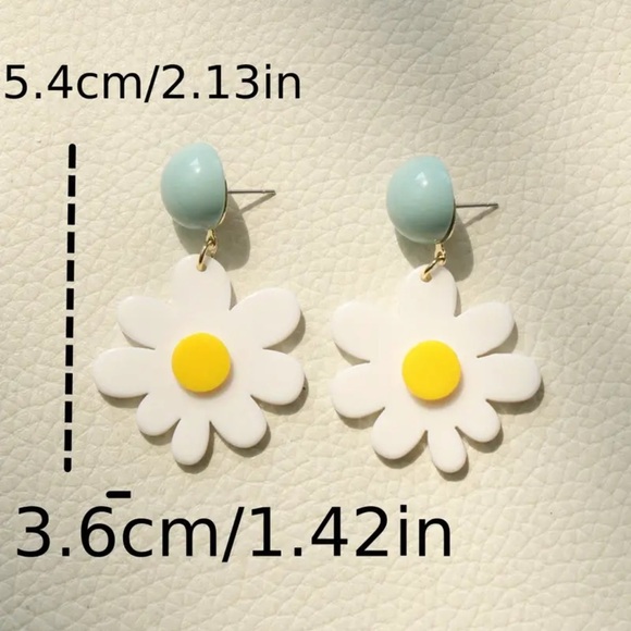White, Yellow & Blue Daisy Design Spring, Fun Acrylic Earrings - Picture 4 of 5